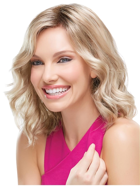 Blonde Durable Medium Wavy Without Bangs Lace Front Synthetic Women Wigs