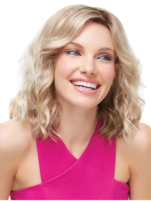 Blonde Durable Medium Wavy Without Bangs Lace Front Synthetic Women Wigs