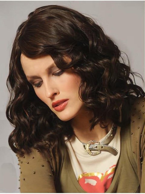  Medium Length Wavy  Layered Capless Human Hair Women Wigs