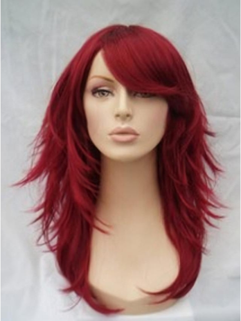 Amazing Red Wavy Shoulder Length Capless Human Hair Women Wigs