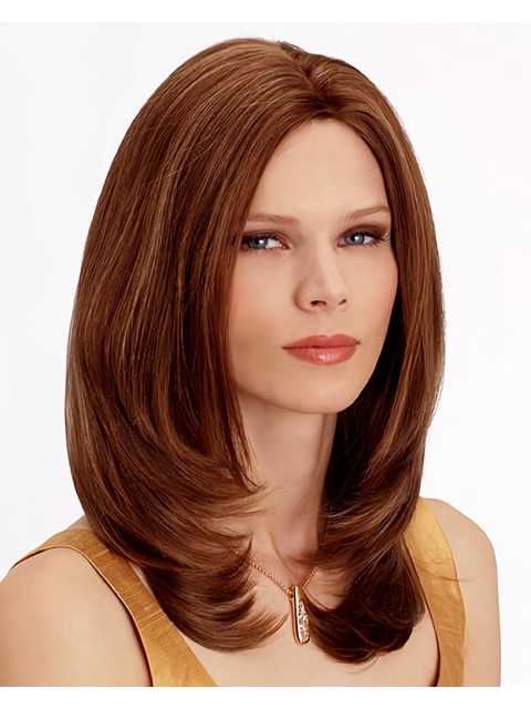 Amazing Auburn Wavy Without Bangs Shoulder Length Monofilament Synthetic Women Wigs