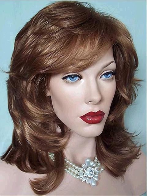 Easy Medium Wavy With Bangs Lace Front Synthetic Women Wigs