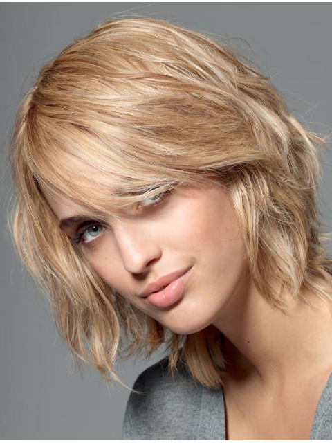 Amazing Blonde Shoulder Length Wavy With Bangs Monofilament Synthetic Women Wigs